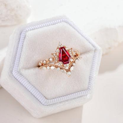 Coffin Cut Ruby Engagement Ring Bridal Set 2pcs