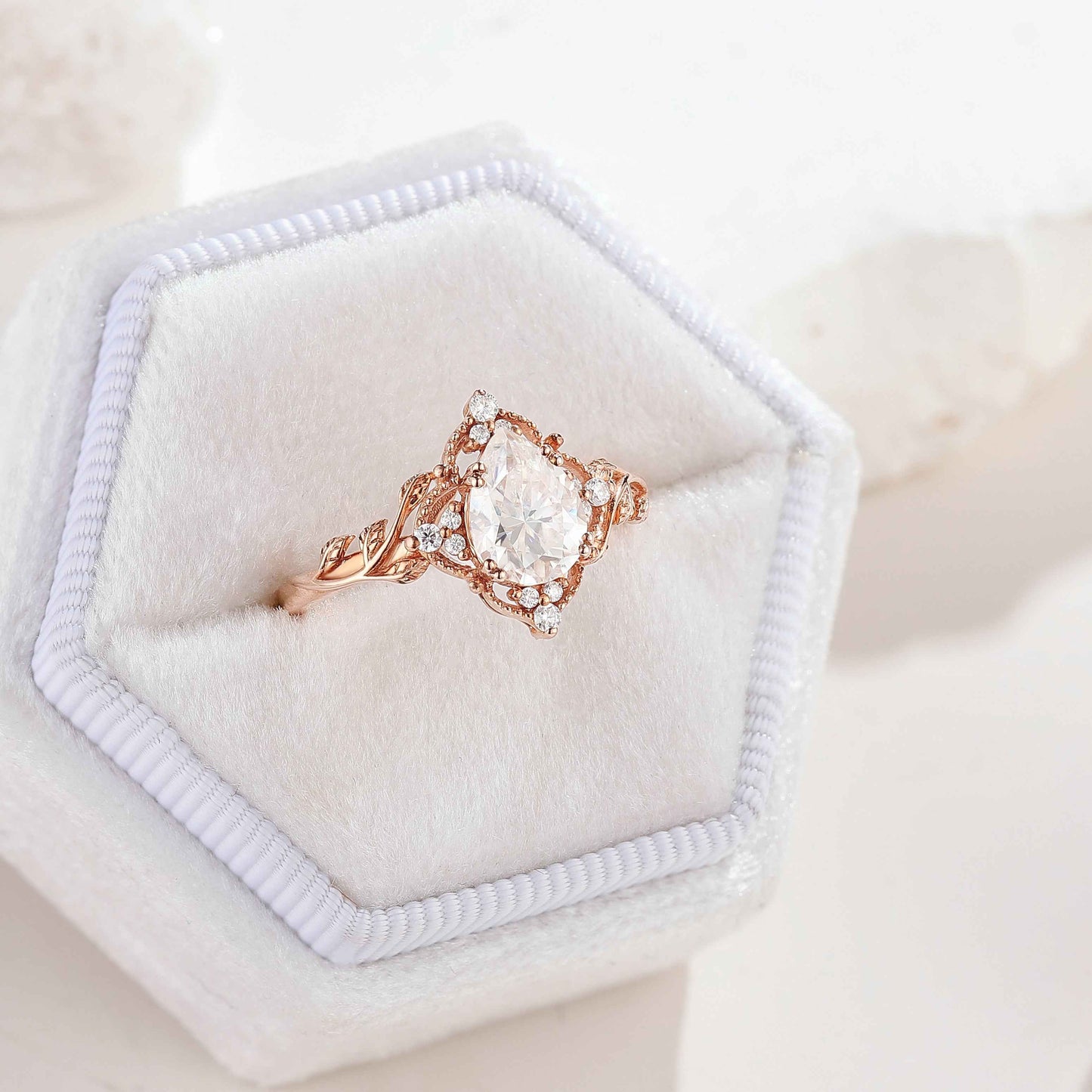 Nature Inspired Leaf Shaped Moissanite Wedding Ring