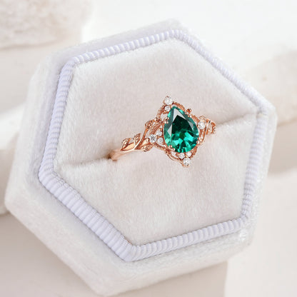 Nature Inspired Leaf Engagement Ring Pear Cut Lab Emerald Ring