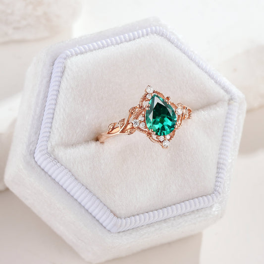 Nature Inspired Leaf Engagement Ring Pear Cut Lab Emerald Ring