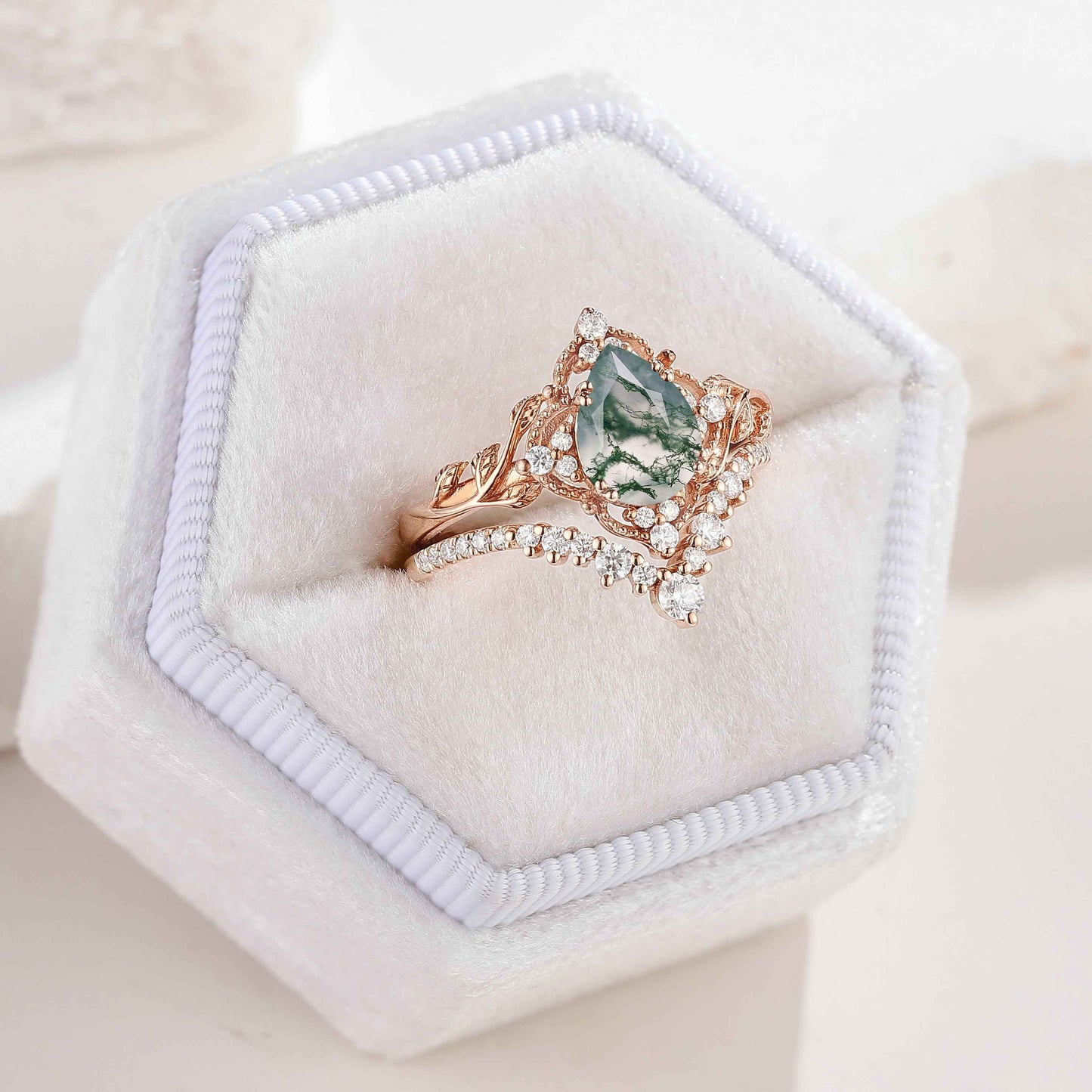 Nature Inspired Moss Agate Leaf Engagement Ring Set Chevron Wedding Band 2pcs