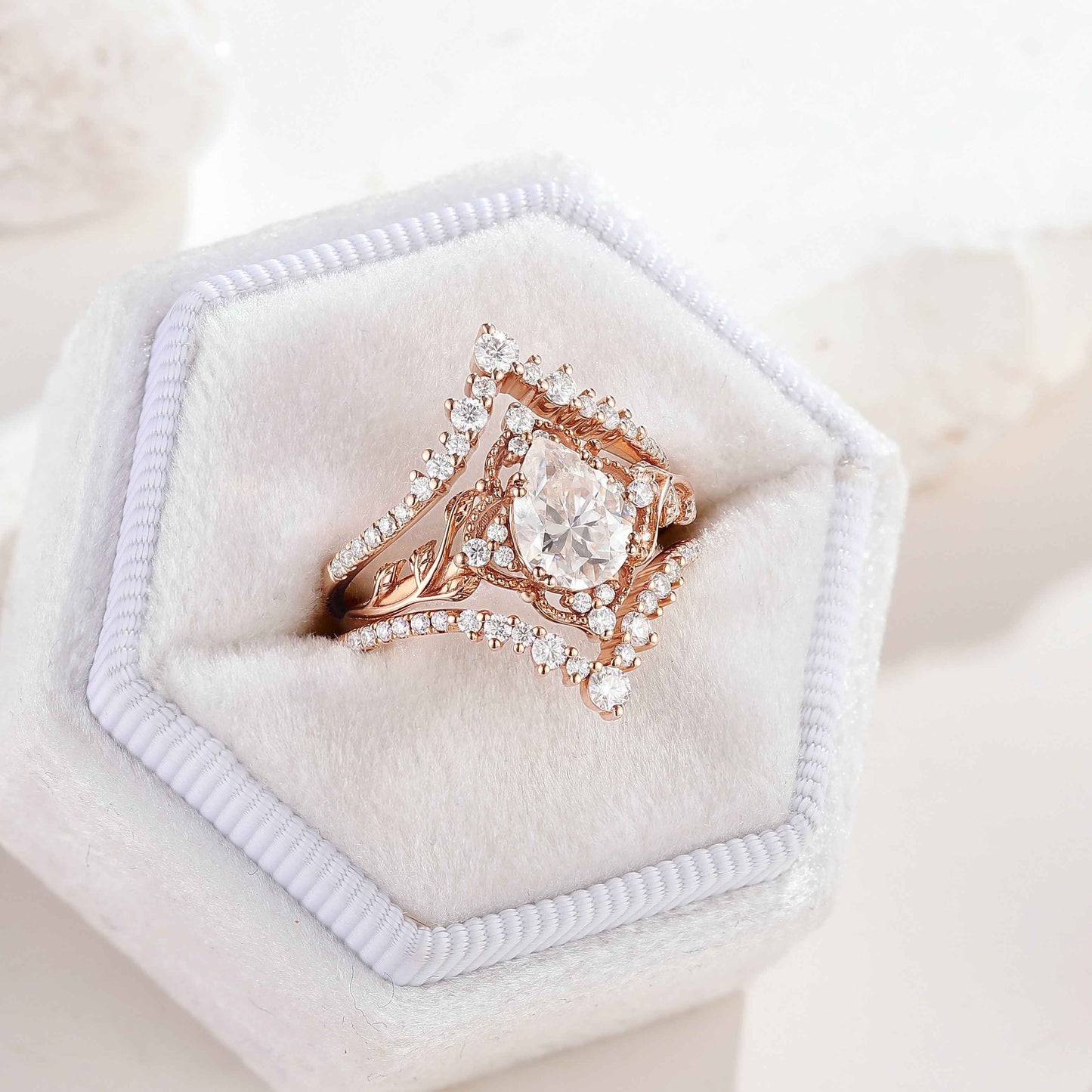 Nature Inspired Leaf Pear Cut Engagement Ring Set 3pcs
