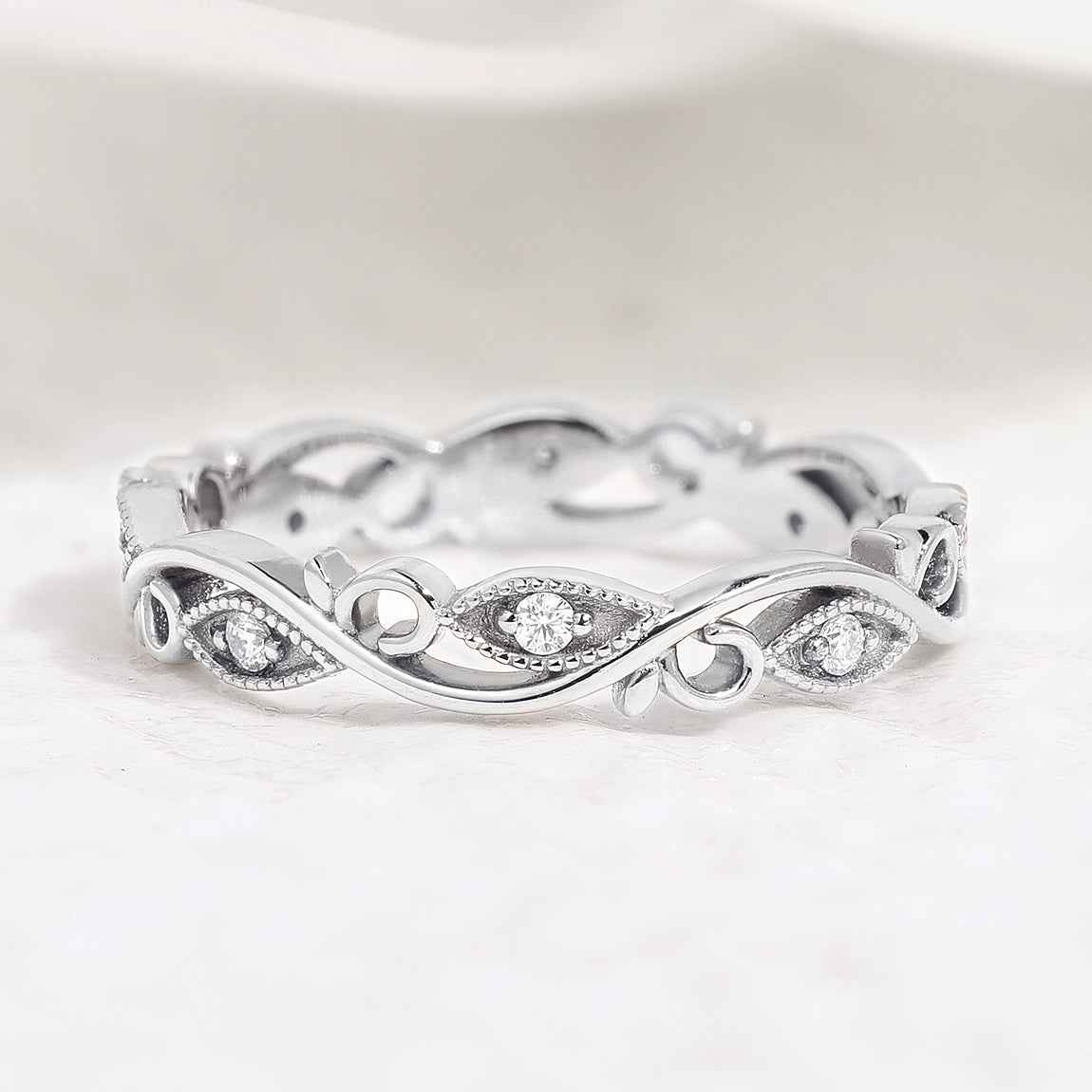 Unique Moissanite Straight Wedding Band Rose Gold Matching Rings Leaf Branch Ring