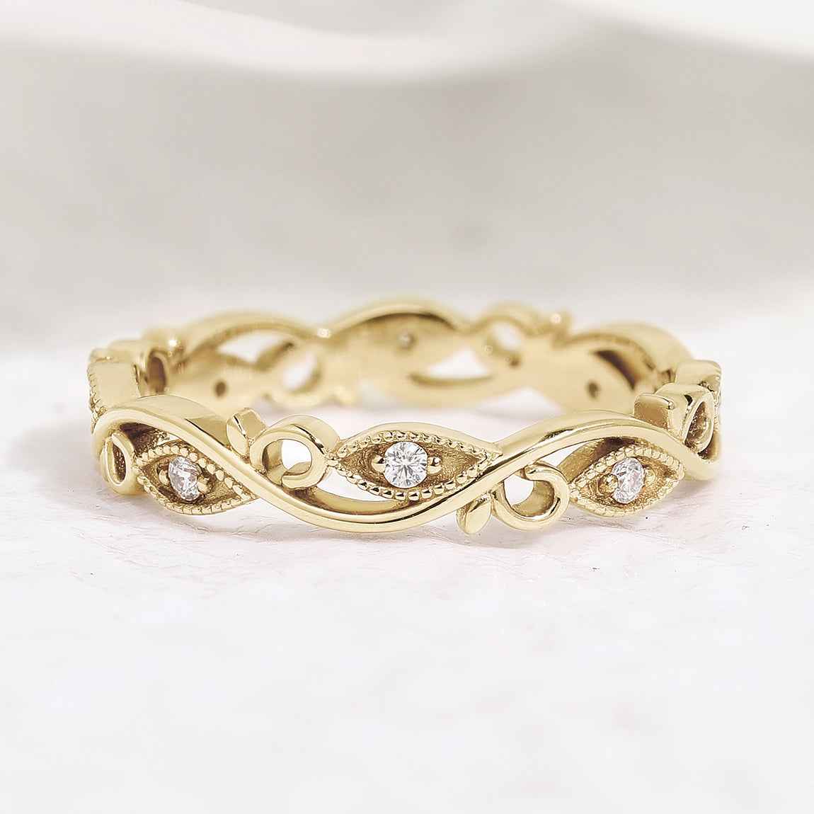 Unique Moissanite Straight Wedding Band Rose Gold Matching Rings Leaf Branch Ring