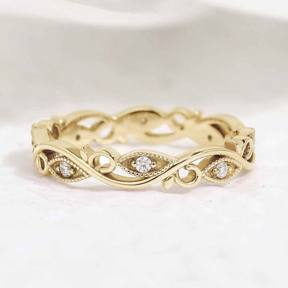 Unique Moissanite Straight Wedding Band Rose Gold Matching Rings Leaf Branch Ring