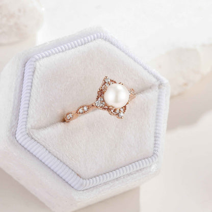 Vintage Akoya Pearl Engagement Ring Rose Gold Moissanite Cluster