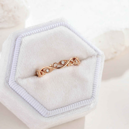 Unique Moissanite Straight Wedding Band Rose Gold Matching Rings Leaf Branch Ring