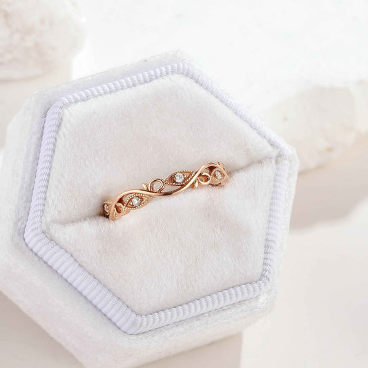 Unique Moissanite Straight Wedding Band Rose Gold Matching Rings Leaf Branch Ring