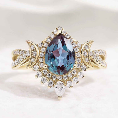 Unique Design Moissanite Wedding Ring Pear Shaped Alexandrite Engagement Ring