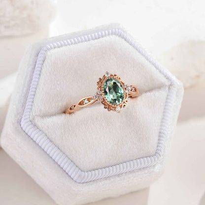 Signature Vintage Oval Cut Lab Green Sapphire Engagement Ring