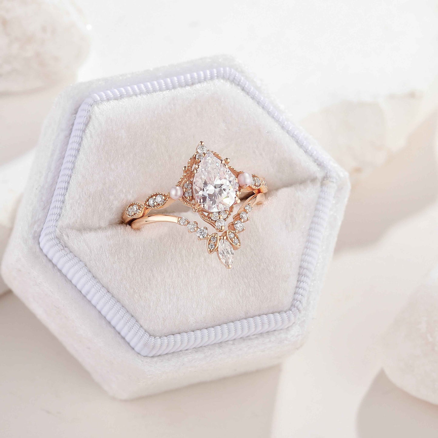 Vintage Pearl and Moissanite Engagement Ring Set Moissanite Cluster Wedding Band