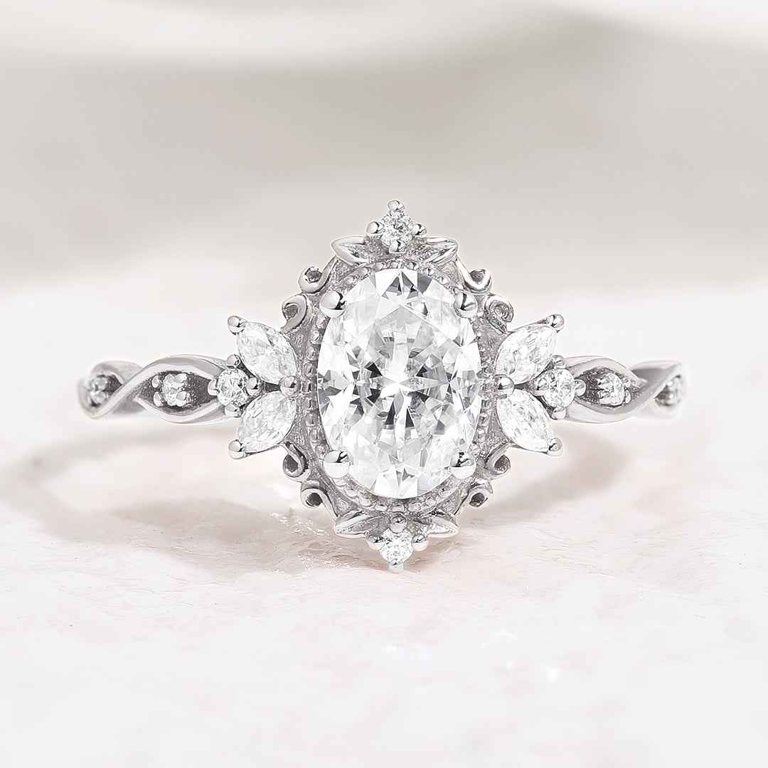 Art Deco Vintage Oval Moissanite Engagement Ring Rose Gold Promise Rings
