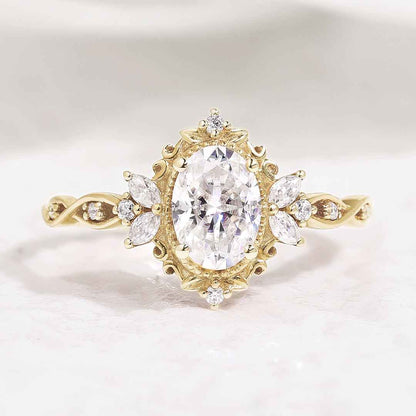 Art Deco Vintage Oval Moissanite Engagement Ring Rose Gold Promise Rings