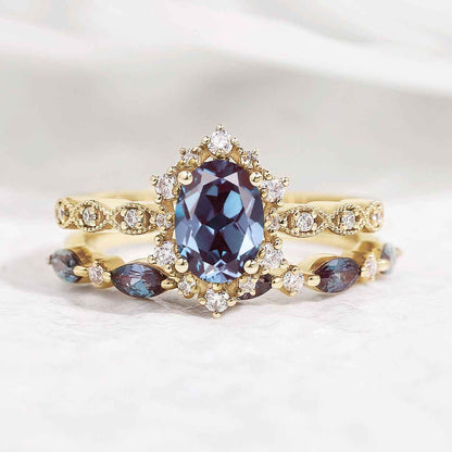 Dainty Oval Cut Alexandrite Engagement Ring Set Rose Gold Moissanite Wedding Band