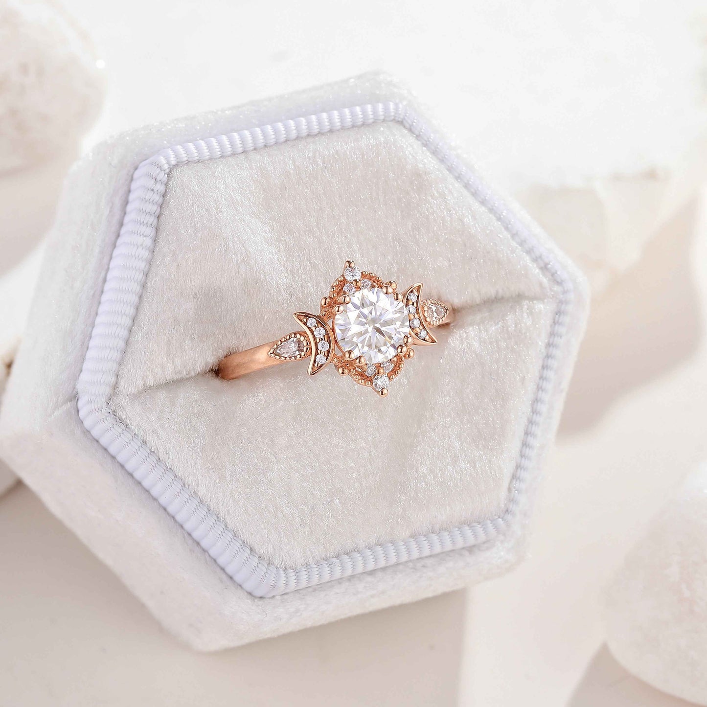 Unique Design Round Moissanite Engagement Ring With 2 Moons