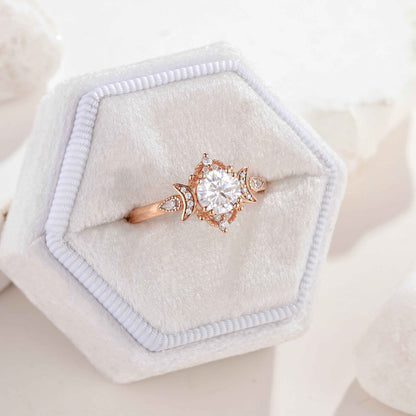 Unique Design Round Moissanite Engagement Ring With 2 Moons
