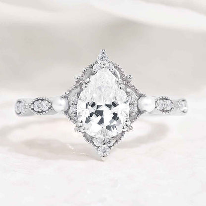 Vintage Pearl and Moissanite Cluster Wedding Band Anniversary Promise Ring