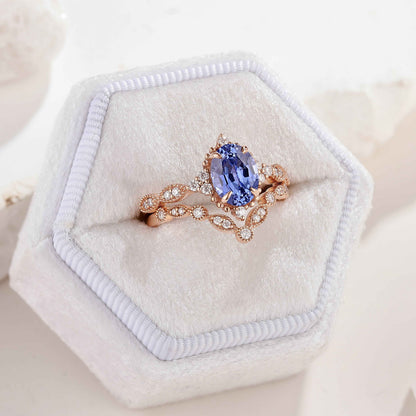 Oval Cut Lab Blue Sapphire Minimalist Engagement Ring 2pcs