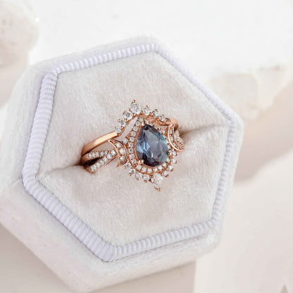 Unique Pear Shaped Alexandrite Engagement Ring Set Moissanite Cluster Wedding Band