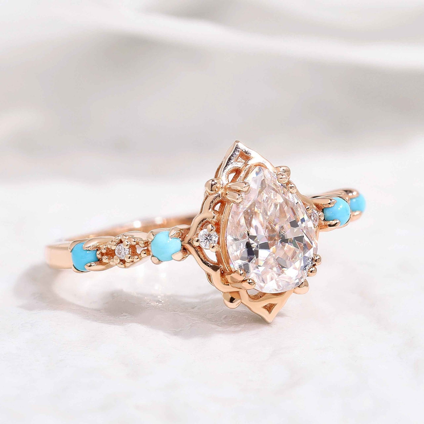 Vintage Pear Cut Moissanite Engagement Ring Turquoise Wedding Band