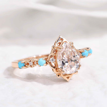 Vintage Pear Cut Moissanite Engagement Ring Turquoise Wedding Band
