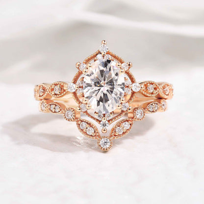 Oval Rose Gold Moissanite Crown Engagement Ring Promise Bridal Ring Set