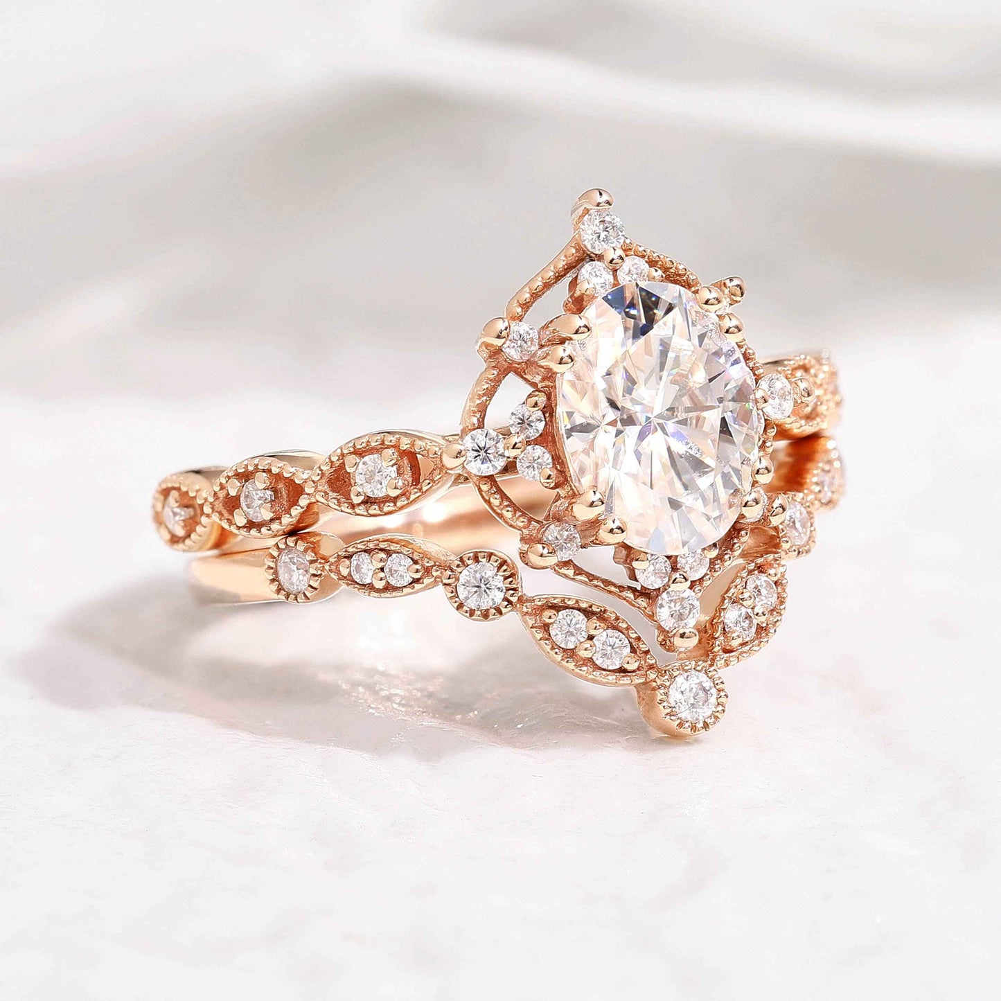 Oval Rose Gold Moissanite Crown Engagement Ring Promise Bridal Ring Set
