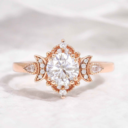 Unique Design Round Moissanite Engagement Ring With 2 Moons