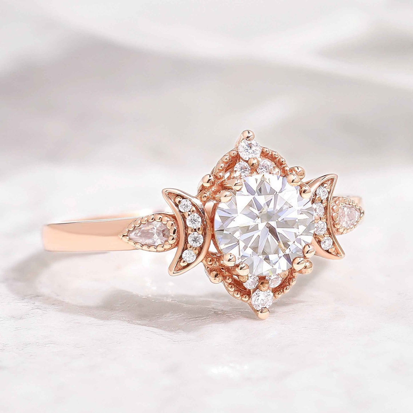Unique Design Round Moissanite Engagement Ring With 2 Moons