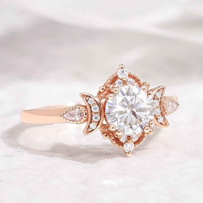 Unique Design Round Moissanite Engagement Ring With 2 Moons