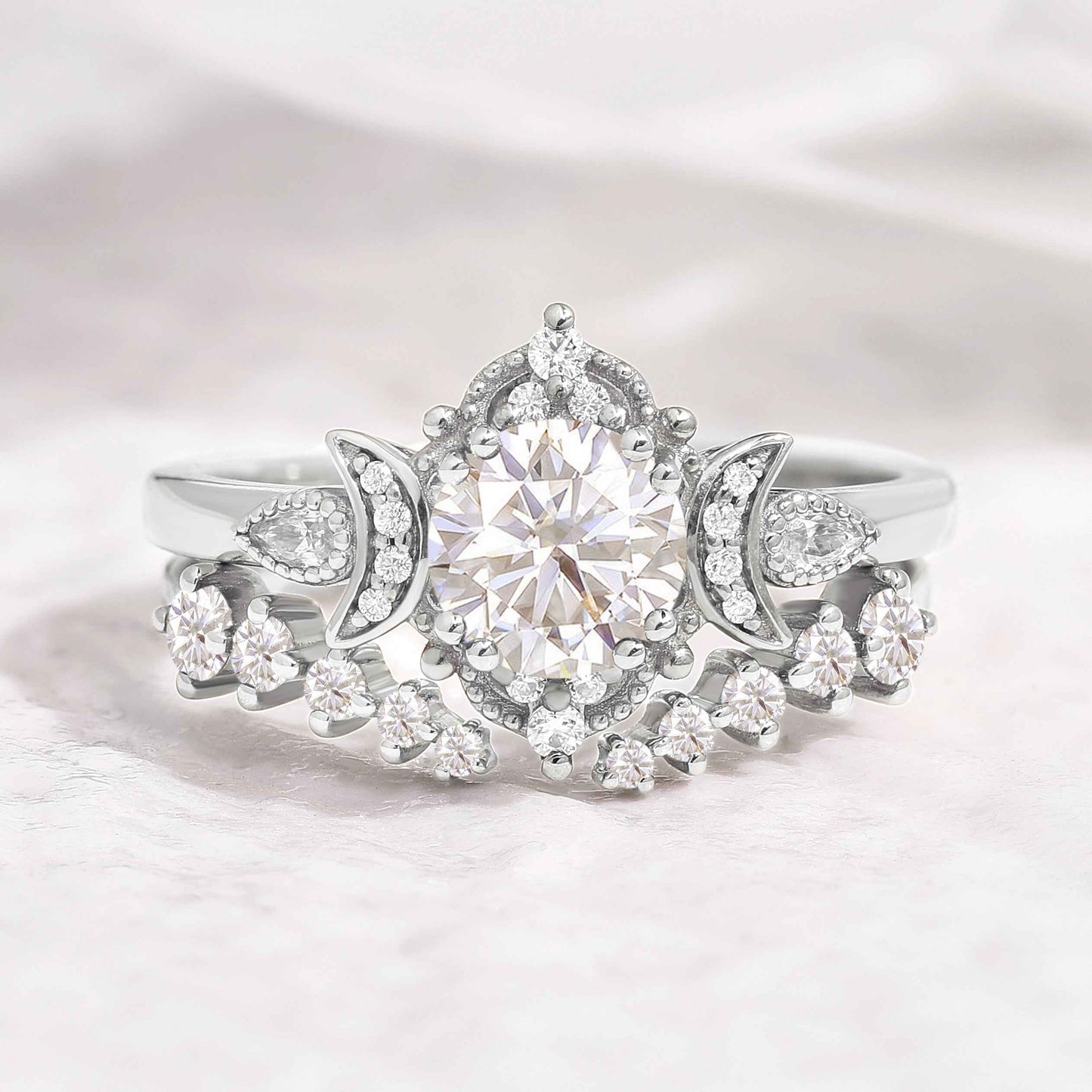 Unique Round Moissanite Engagement Ring Set With 2 Moons Open Wedding Band