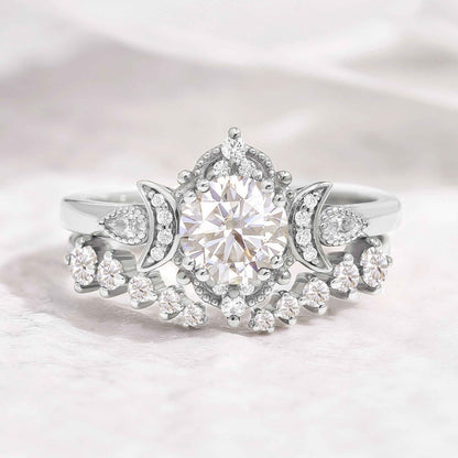 Unique Round Moissanite Engagement Ring Set With 2 Moons Open Wedding Band