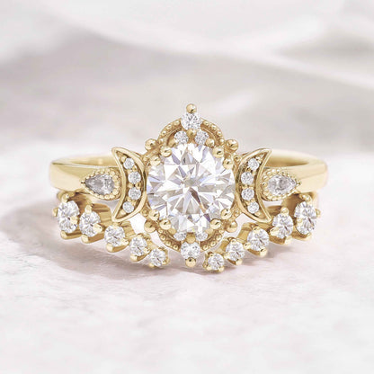 Unique Round Moissanite Engagement Ring Set With 2 Moons Open Wedding Band