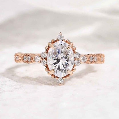 Vintage Oval Shaped Moissanite Engagement Ring Moissanite Cluster
