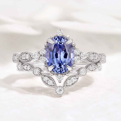 Oval Cut Lab Blue Sapphire Minimalist Engagement Ring 2pcs