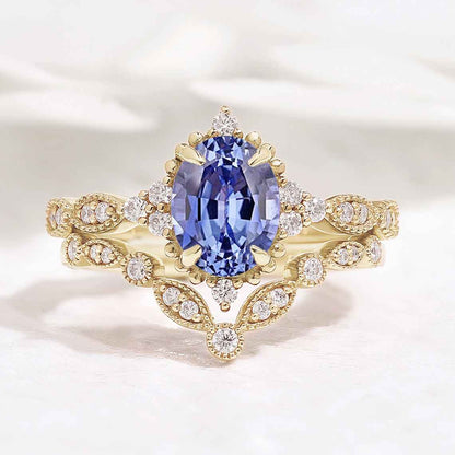Oval Cut Lab Blue Sapphire Minimalist Engagement Ring 2pcs