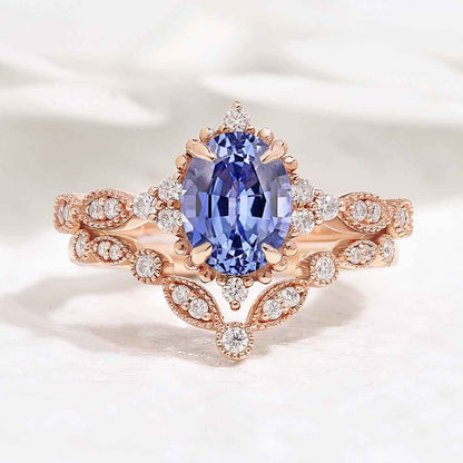 Oval Cut Lab Blue Sapphire Minimalist Engagement Ring 2pcs