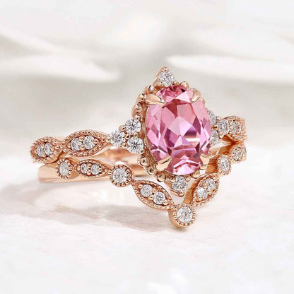 Oval Cut Lab Pink Sapphire Affordable Wedding Ring Set 2pcs