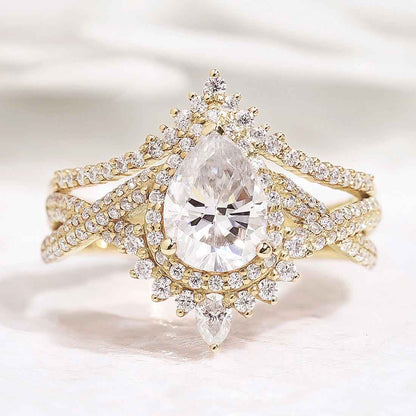Unique Pear Cut Halo Infinity Twisted Moissanite Ring Bridal Set 2pcs