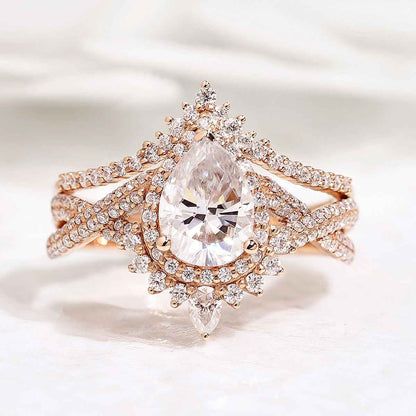Unique Pear Cut Halo Infinity Twisted Moissanite Ring Bridal Set 2pcs