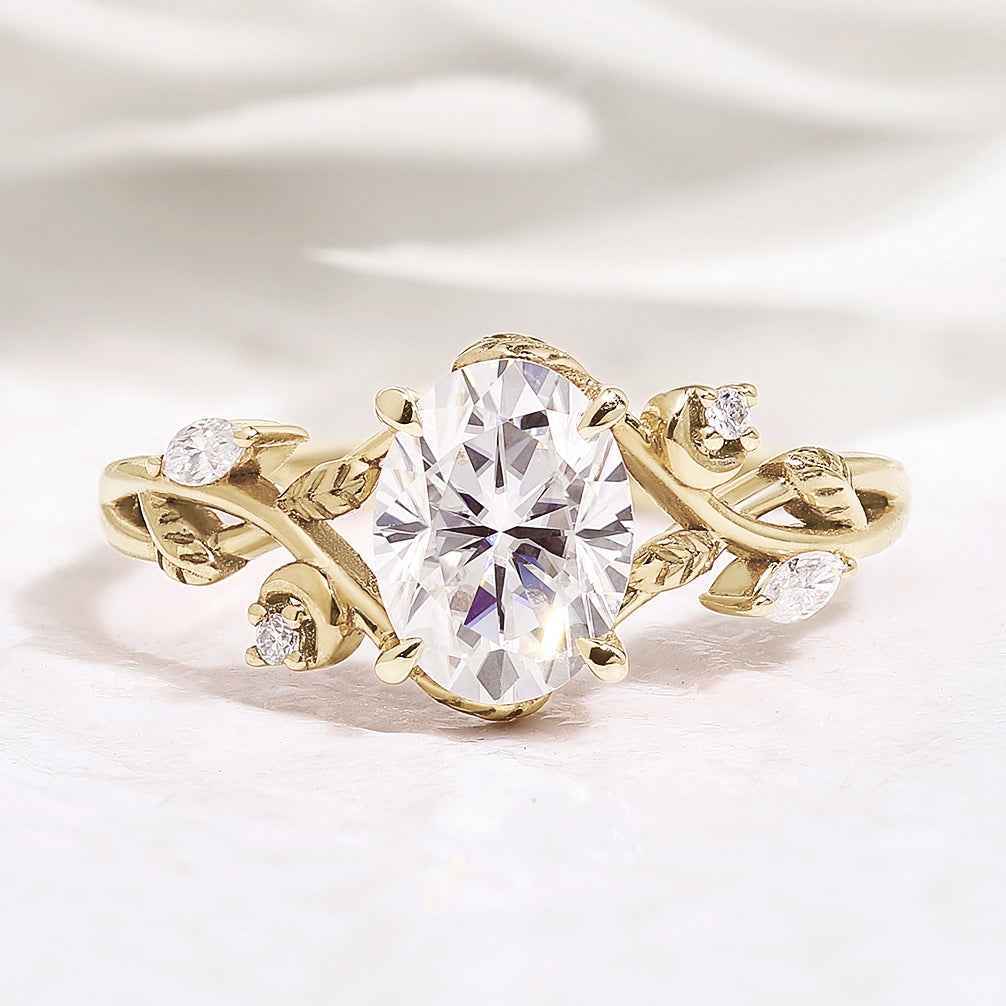 Nature Inspired Leaf Shaped Oval Moissanite Engagement Ring