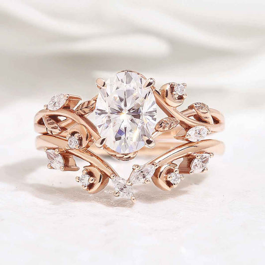 Nature Inspired Leaf Oval Moissanite Engagement Ring Set Moon Shaped Wedding Band