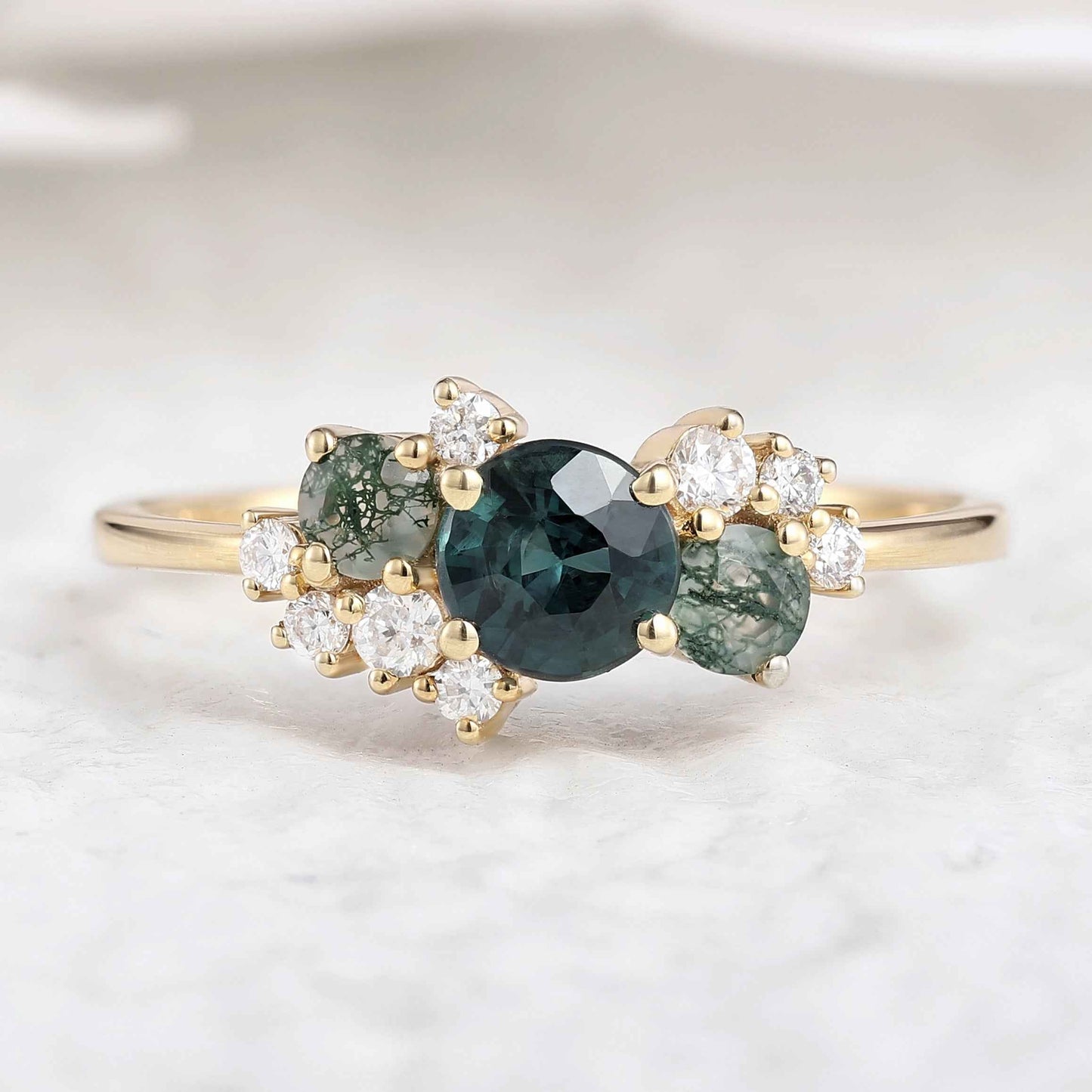 Art Deco Teal Sapphire Engagement Ring With Moss Agate And Moissainte