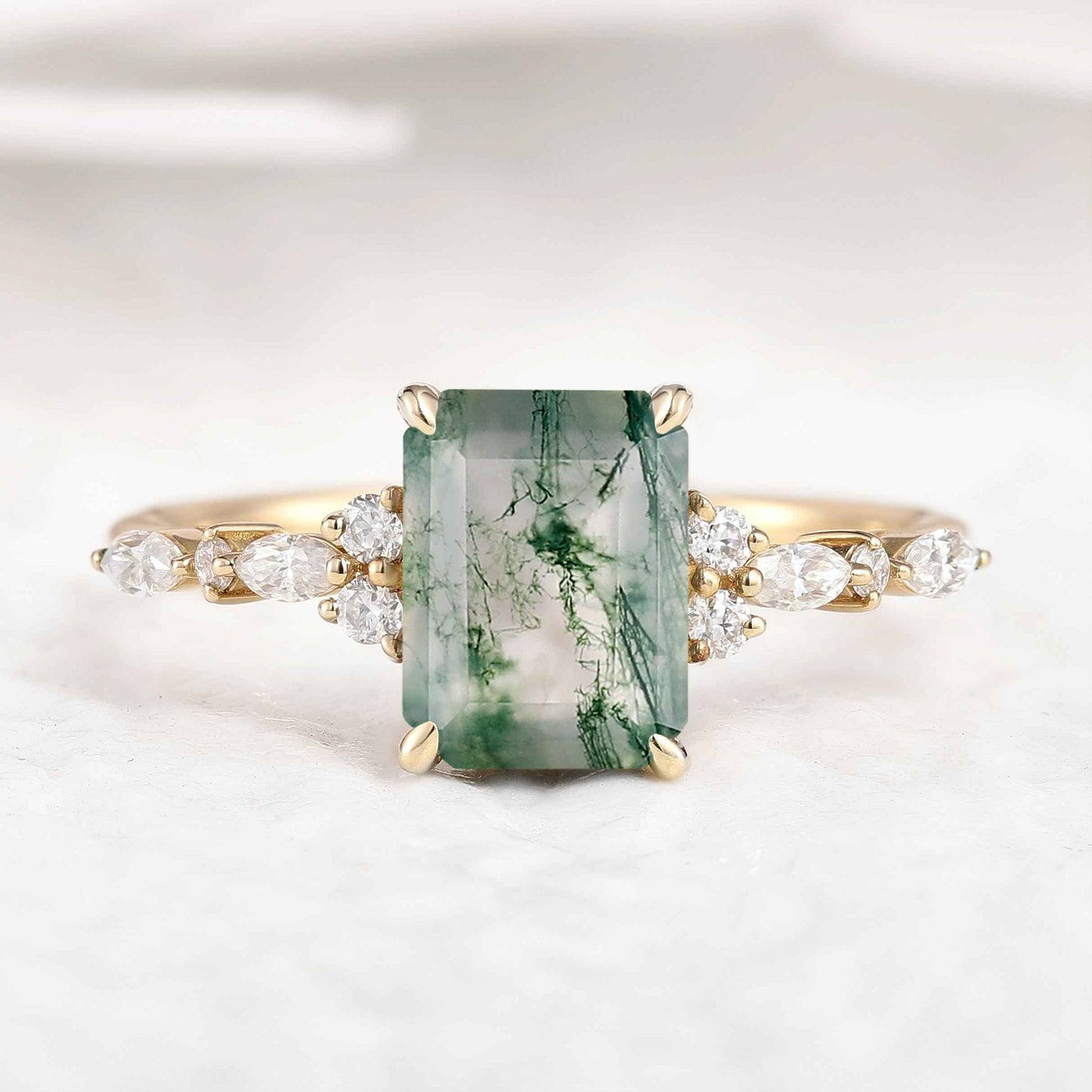 Signautre Vintage Emerald Cut Moss Agate Engagement Ring