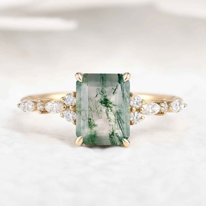 Signautre Vintage Emerald Cut Moss Agate Engagement Ring
