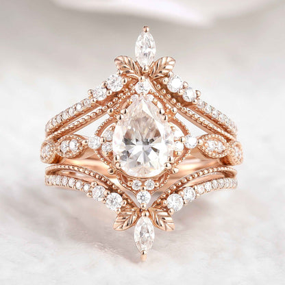 Nature Inspired Moissanite Engagement Ring Leaf Enhancer Wedding Band