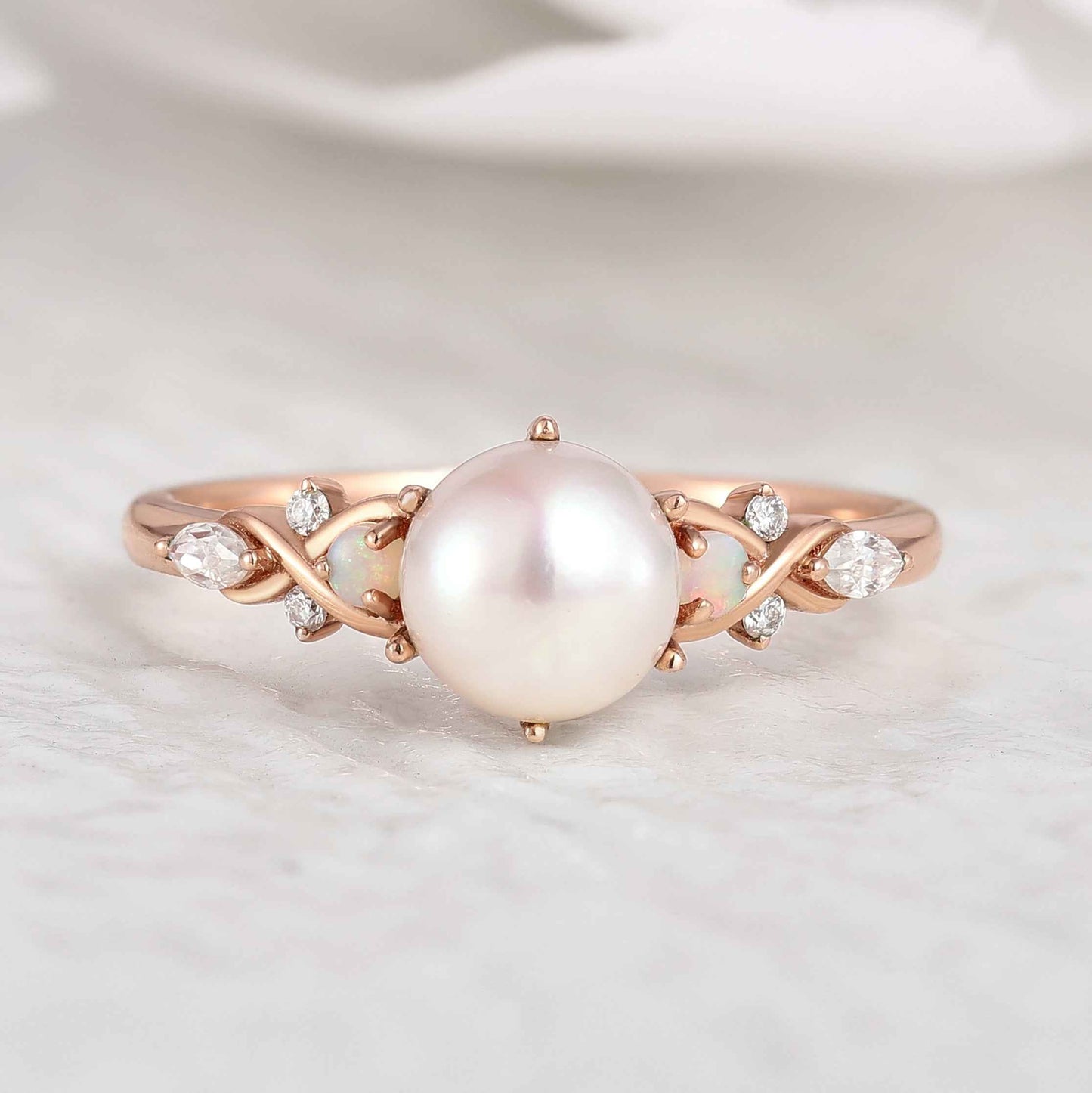 Unique Design Round Pearl Engagement Ring Rose Gold Ring