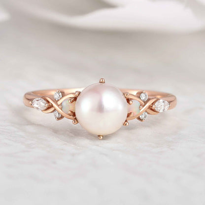 Unique Design Round Pearl Engagement Ring Rose Gold Ring
