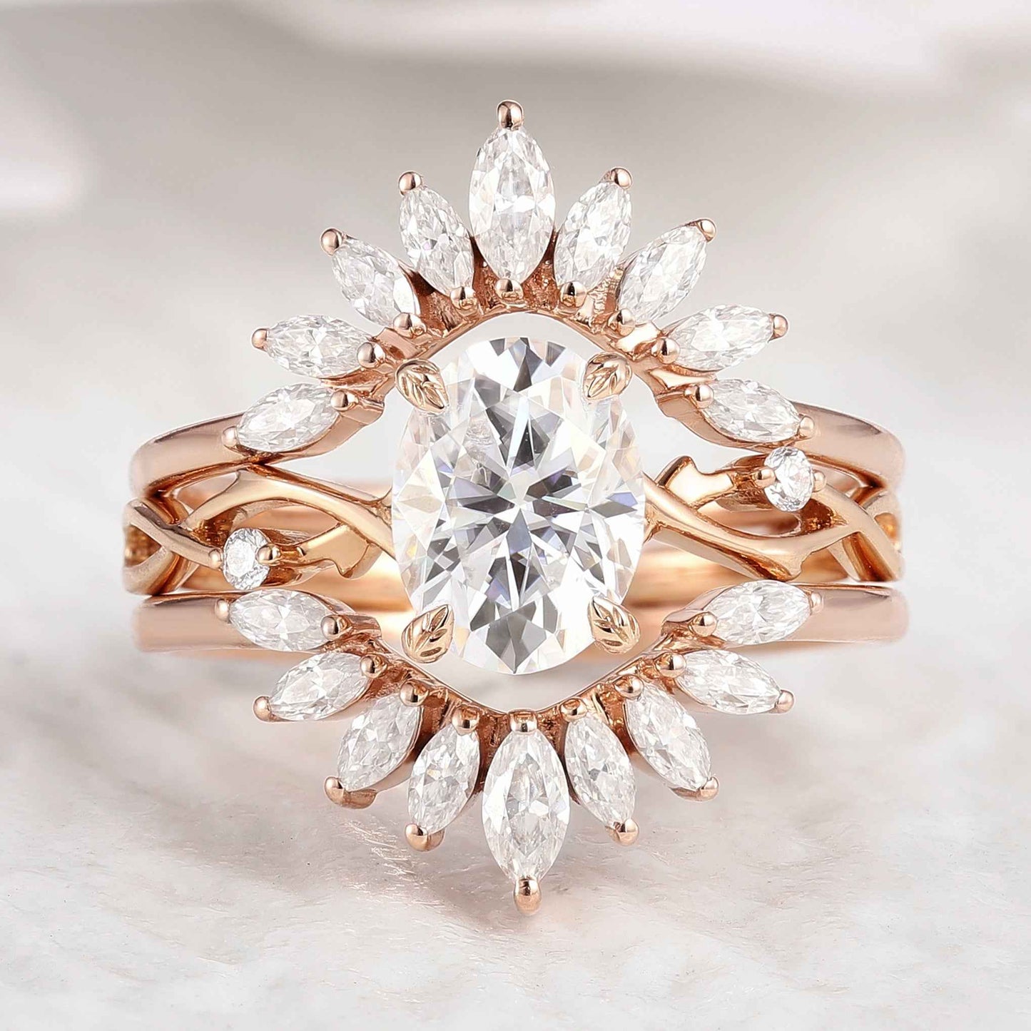 Unique Oval Moissanite Engagement Ring Set Marquise Enhancer Wedding Band