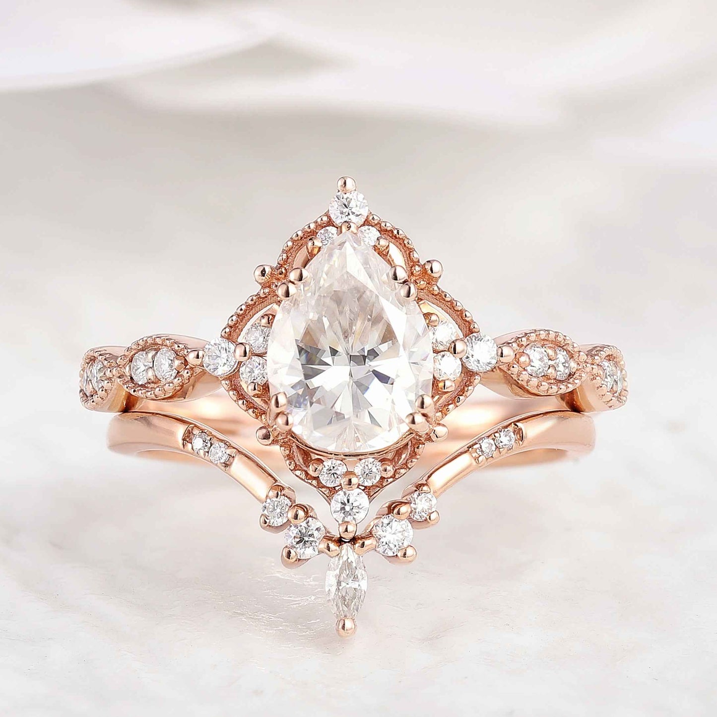 Vintage Pear Cut Moissanite Engagement Ring Set Chevron Stack Wedding Band